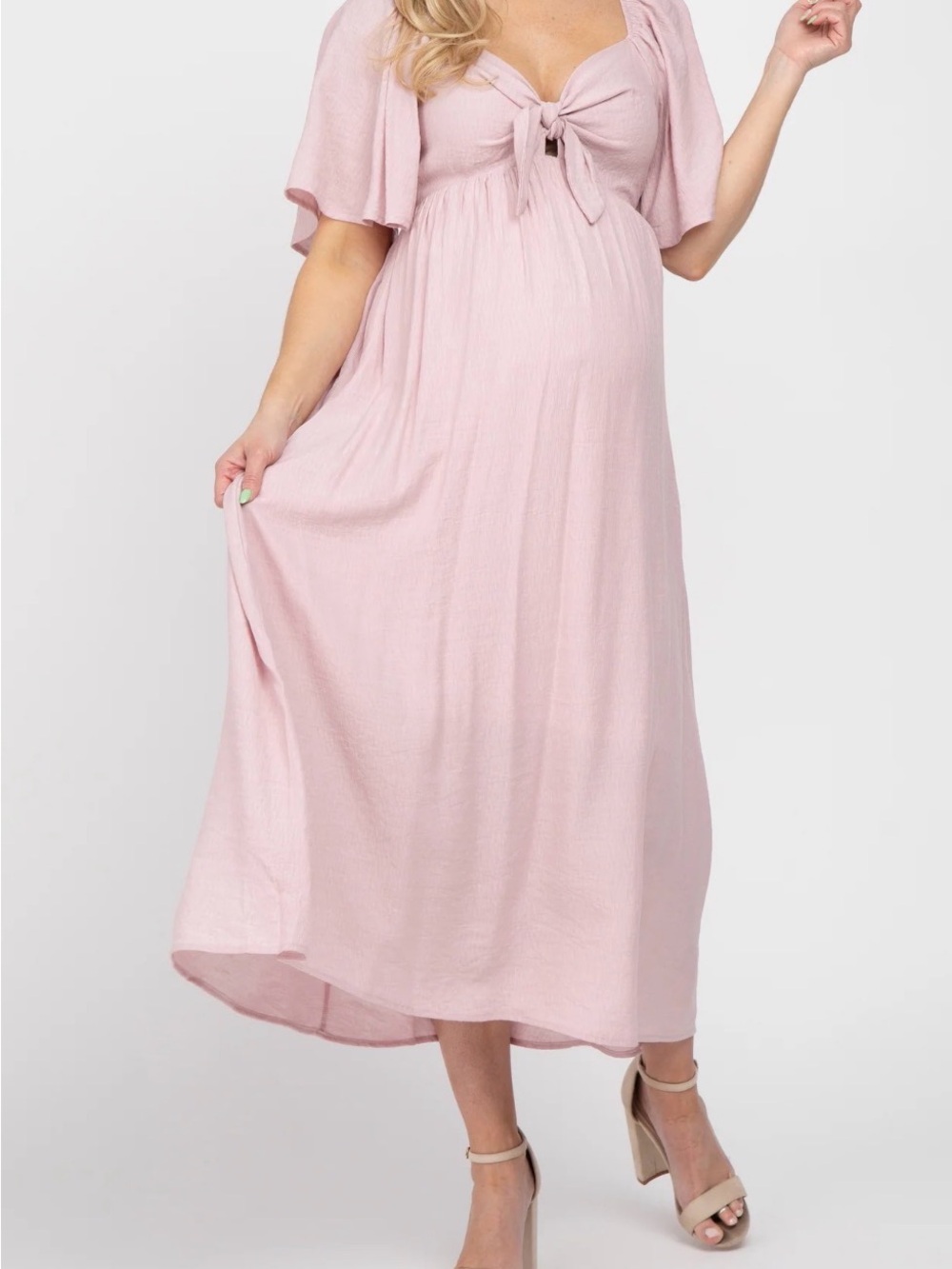 Pink Blush Mauve dusty pink Front Tie Ruffle Sleeve Midi Dress maternity